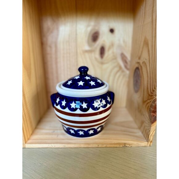 EUC Boleslawiec Polish Pottery Stars & Stripes Red Wht Blu Covered Sugar Bowl 5" - Picture 7 of 7